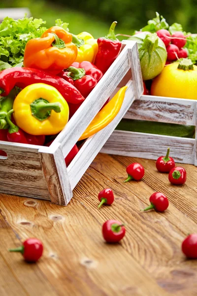 Zelenina v dřevěné krabici — Stock fotografie
