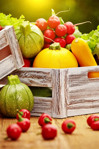 Legumes em uma caixa de madeira — Fotografia de Stock