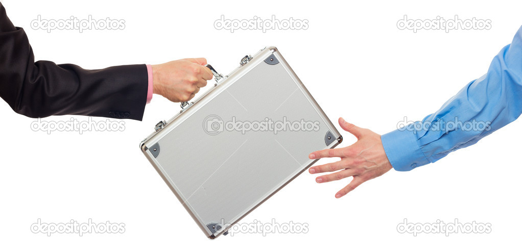 Silver metal briefcase in hands