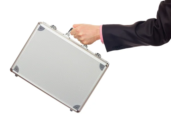 Silver metal briefcase in hand — Stock Photo, Image