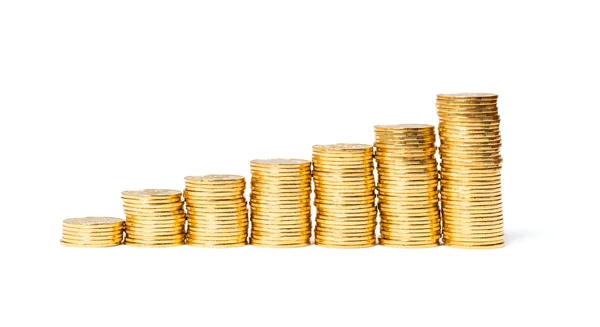 Columns of golden coins on white — Stock Photo, Image