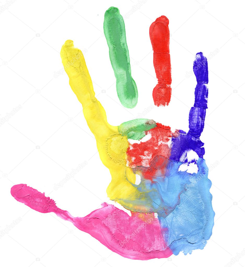 Close up of colored hand print on white