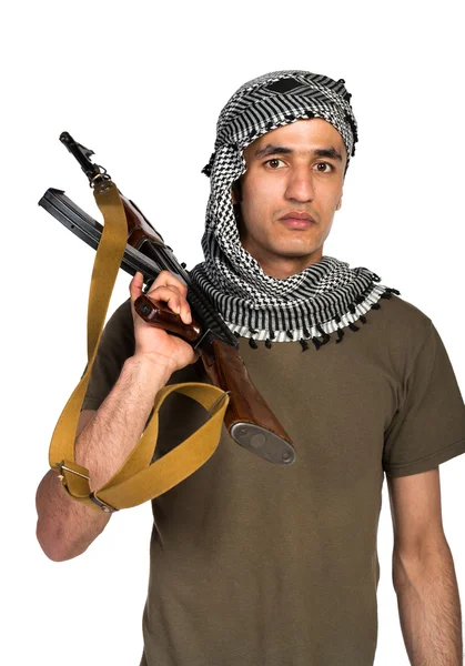 Terrorist met automatische pistool en op witte achtergrond — Stockfoto