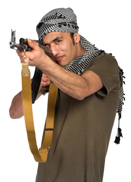 Terrorist with automatic gun on white background — Stock Photo, Image