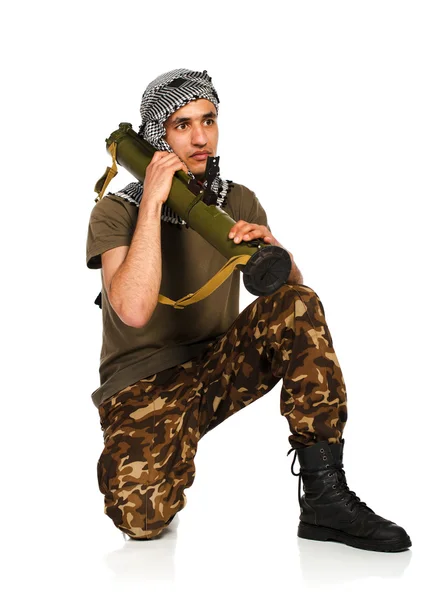 Terrorist with launcher on white background — Stock Photo, Image