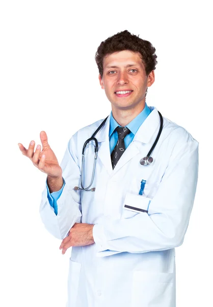 Προσωπογραφία ιατρού χαμογελώντας σε λευκό φόντο — Φωτογραφία Αρχείου