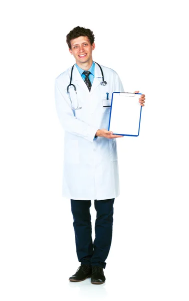 Smiling male doctor showing clipboard with copy space for text — Stock Photo, Image