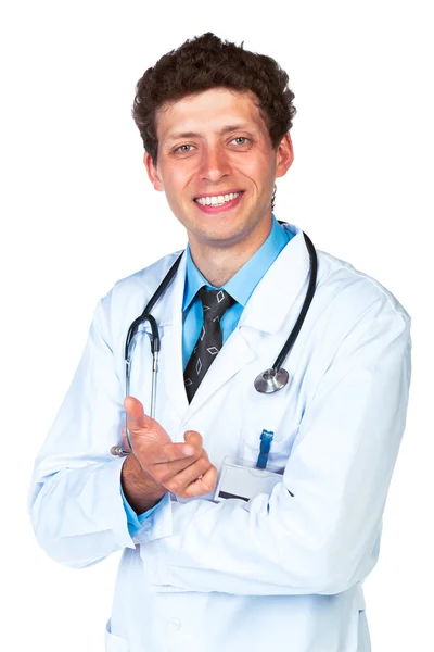 Retrato de um médico masculino sorridente mostrando o dedo para você — Fotografia de Stock