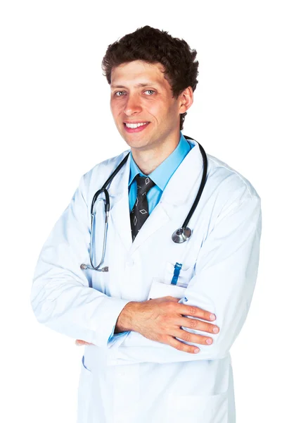 Portrét smějící se muž lékaře na bílém — Stock fotografie