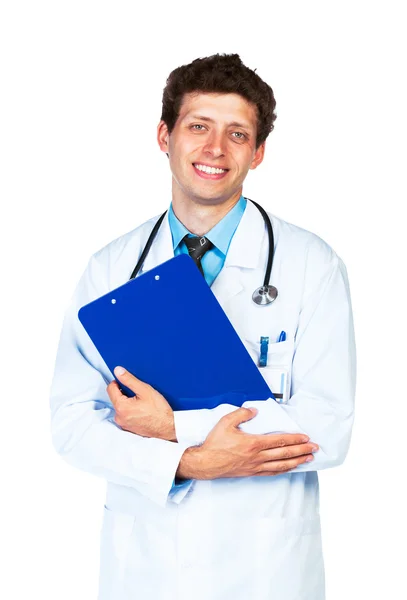 Portrait of a smiling male doctor holding a notepad on white — Stock Photo, Image