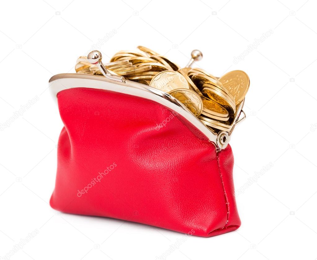 Red purse full of gold coins on a white