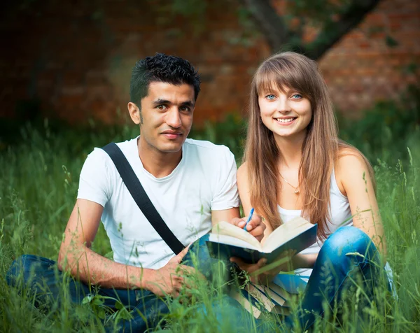 Dos estudiantes que estudian en el parque sobre hierba con libro al aire libre — Foto de Stock
