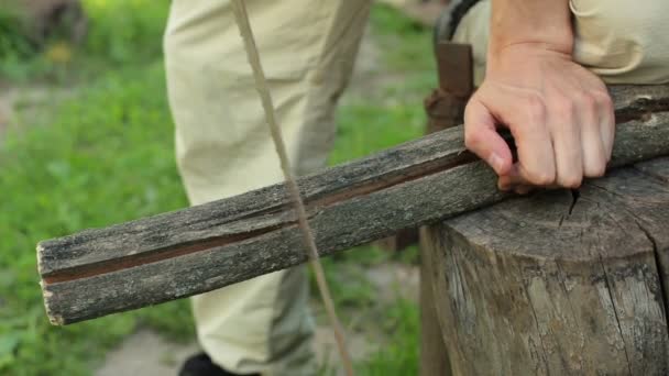 Hombre cortando madera con sierra manual — Vídeos de Stock