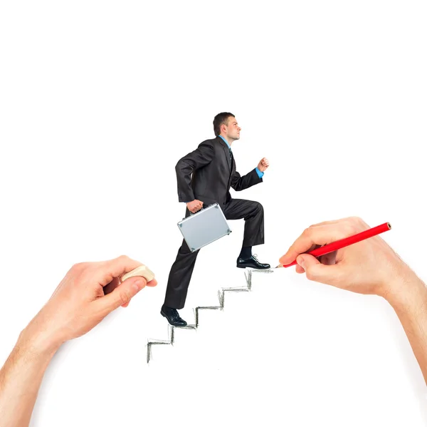 Hand draws stairs with walking businessman on white — Stock Photo, Image