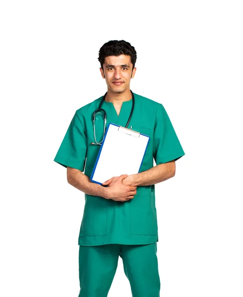 Portrait of doctor Arab nationality with health record on white — Stock Photo, Image