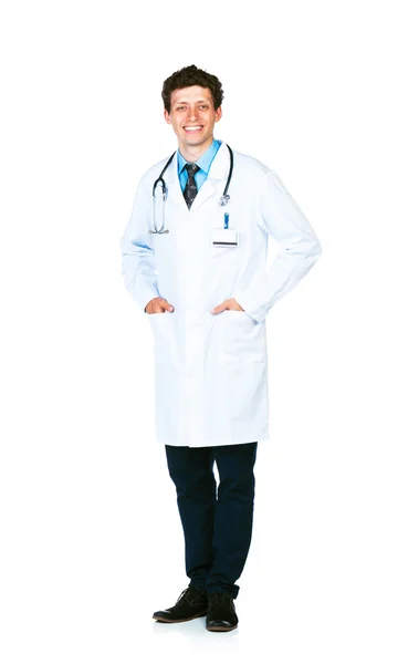 Full length portrait of the smiling doctor standing on a white — Stock Photo, Image