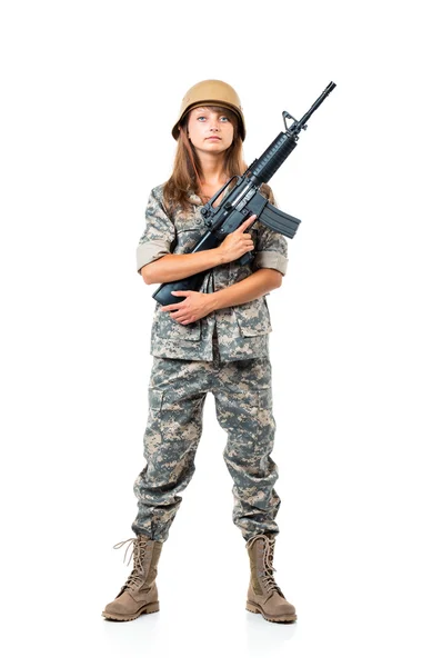 Soldier young beautiful girl dressed in a camouflage with a gun — Stock Photo, Image