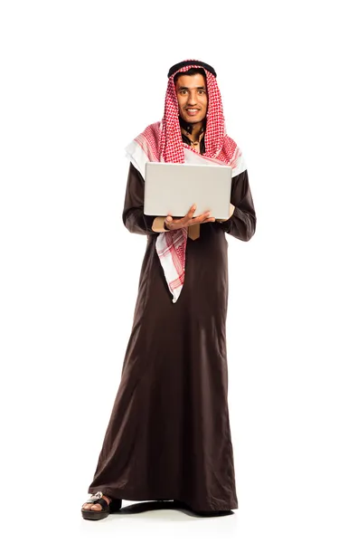 Young smiling arab with laptop isolated on white — Stock Photo, Image