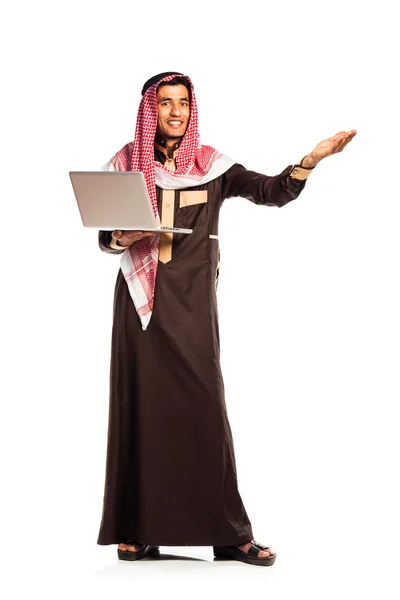 Young smiling arab with laptop isolated on white — Stock Photo, Image