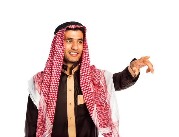 Arab ember fehér virtuális gomb megnyomásával — Stock Fotó