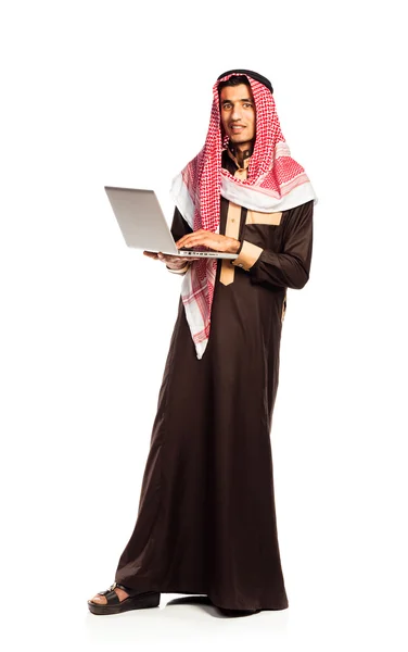 Young smiling arab with laptop isolated on white — Stock Photo, Image