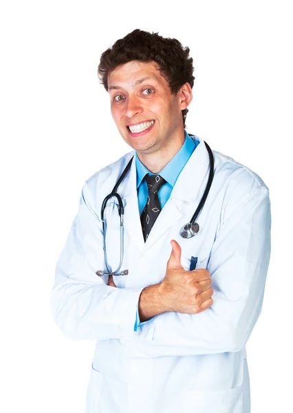 Portrait of a smiling male doctor with finger up on white Royalty Free Stock Images