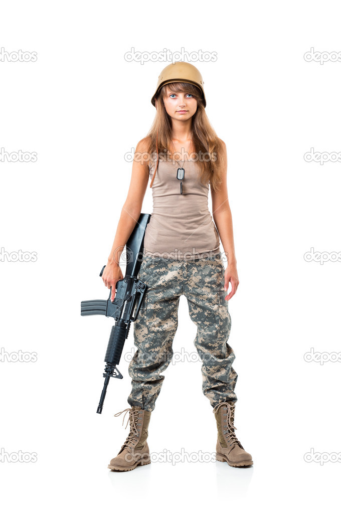 銃を持った迷彩服を着て美しい若い女の子の兵士 ストック写真 C Vlad Star