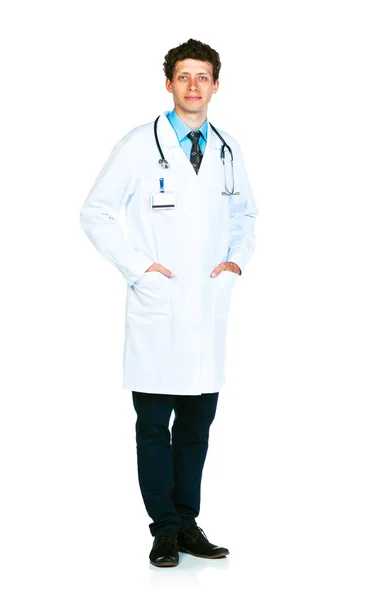 Full längd porträtt av den läkare som står på en vit — Stockfoto