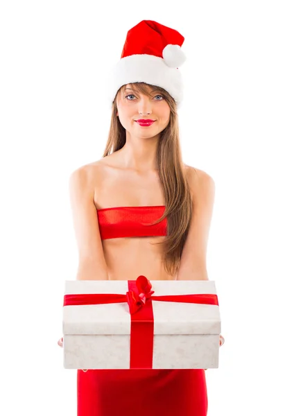 Bella ragazza di Babbo Natale con regalo isolato su bianco — Foto Stock