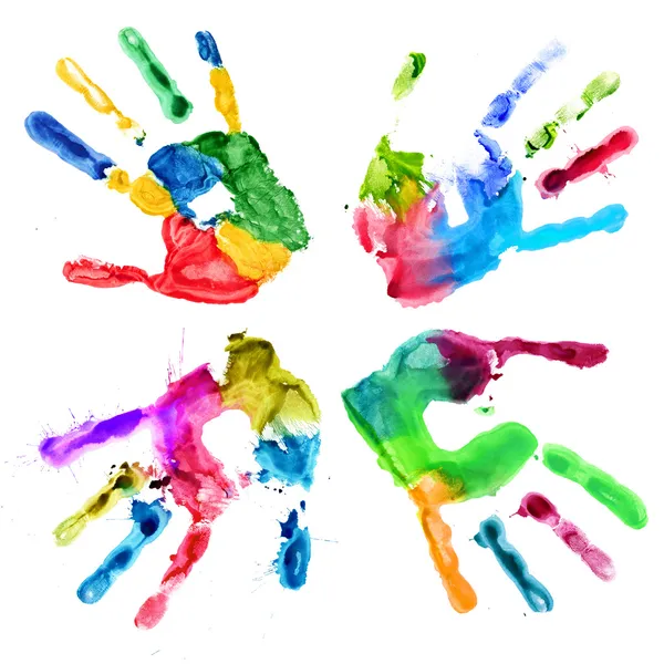 Huellas de manos en diferentes colores sobre un blanco — Foto de Stock