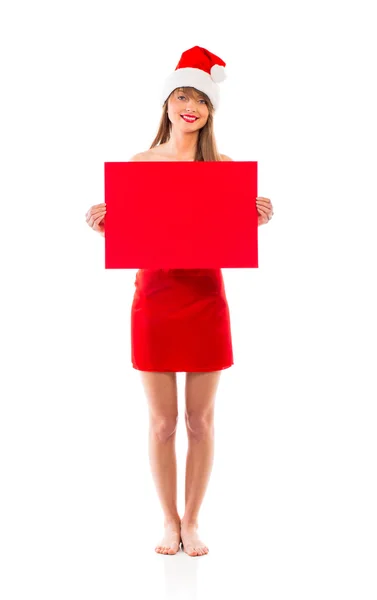 Sorridente ragazza di Natale con cartello rosso su bianco — Foto Stock