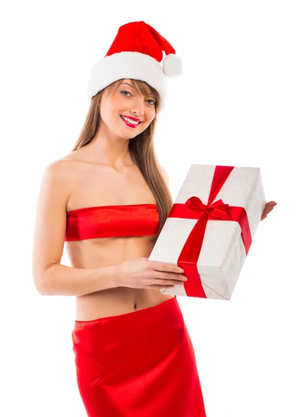 सुंदर सांता क्रिसमस लड़की उपहार के साथ सफेद पर अलग — स्टॉक फ़ोटो, इमेज