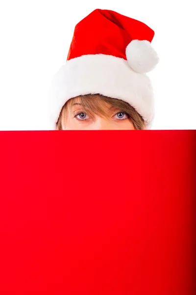 Menina de Natal com cartaz vermelho no branco — Fotografia de Stock