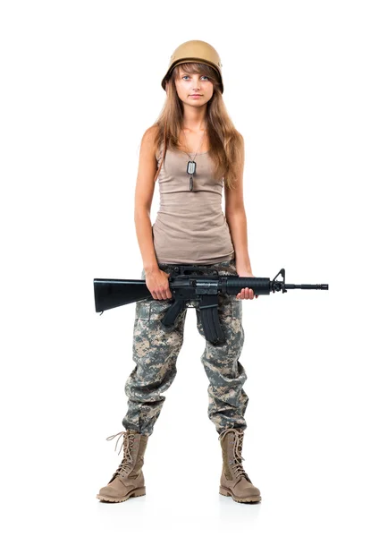 Soldier young beautiful girl dressed in a camouflage with a gun — Stock Photo, Image