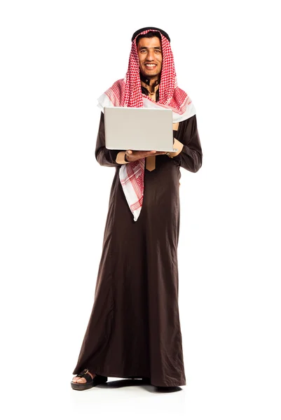 Young smiling arab with laptop isolated on white — Stock Photo, Image