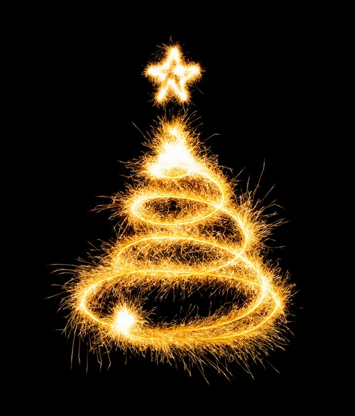 Christmas tree made by sparkler on a black — Stock Photo, Image