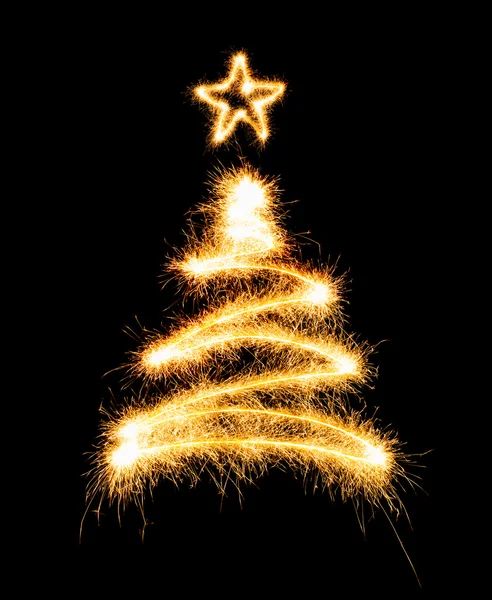 Árvore de Natal feita por sparkler em um preto — Fotografia de Stock