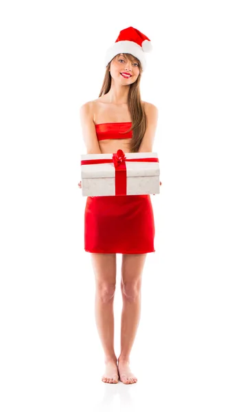 Beautiful Santa christmas girl with gift isolated on white — Stock Photo, Image