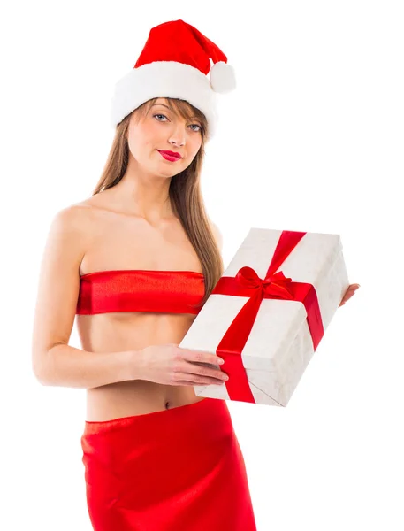 Piękna dziewczyna z Santa Boże Narodzenie prezent samodzielnie na białym tle — Zdjęcie stockowe