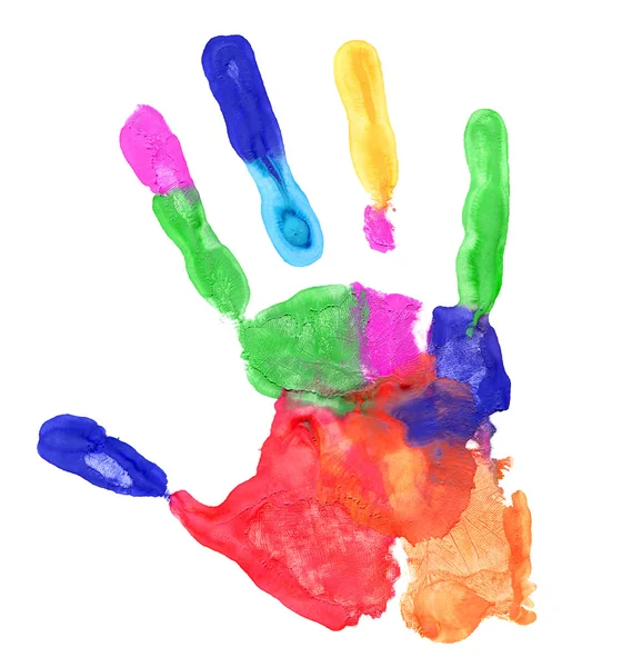 Fechar a impressão da mão colorida no branco — Fotografia de Stock