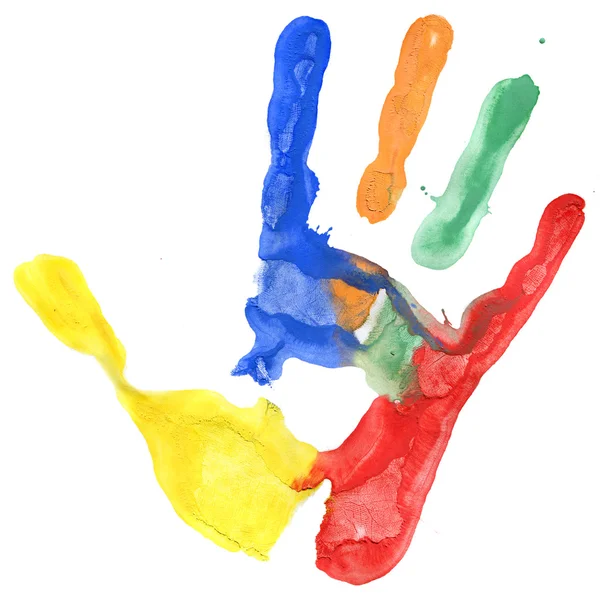 Fechar a impressão da mão colorida no branco — Fotografia de Stock