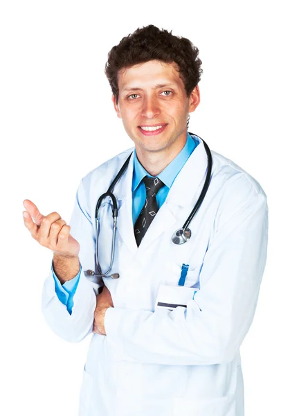 Porträtt av en manlig läkare visar finger på dig på vit — Stockfoto