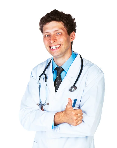 Retrato de un doctor sonriente con el dedo en blanco — Foto de Stock