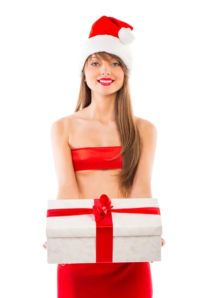 Beautiful Santa christmas girl with gift isolated on white — Stock Photo, Image