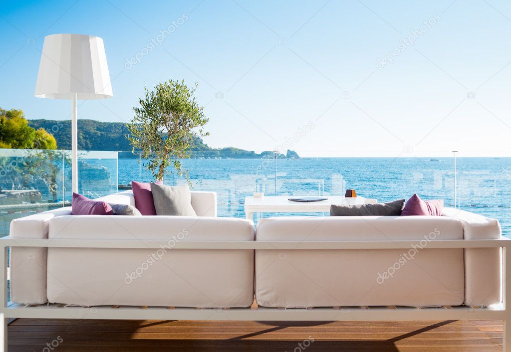 Restaurant interior with scenic sea view
