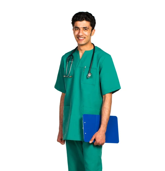 Portret lekarz narodowości arabskiej z rejestrów medycznych na białym — Zdjęcie stockowe