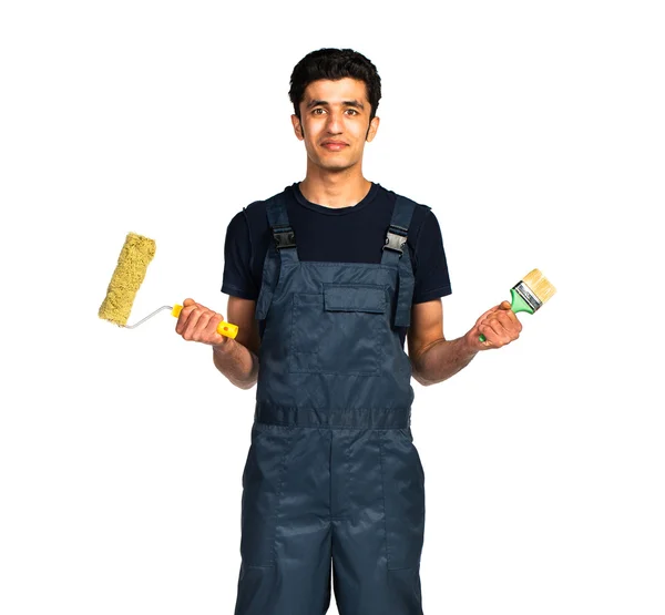 Repairman Arab nationality in the construction overalls on a whi — Stock Photo, Image