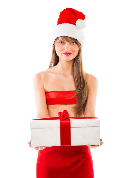 Smiling christmas girl with green placard on white — Stock Photo, Image