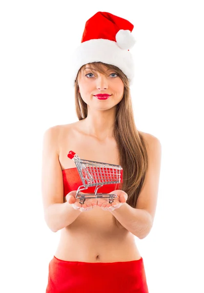 Bella ragazza di Babbo Natale con piccolo carrello della spesa su wh — Foto Stock