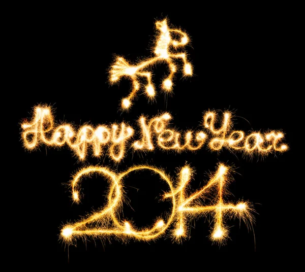 Happy New Year - 2014 and horse made a sparkler on black — Stock Photo, Image